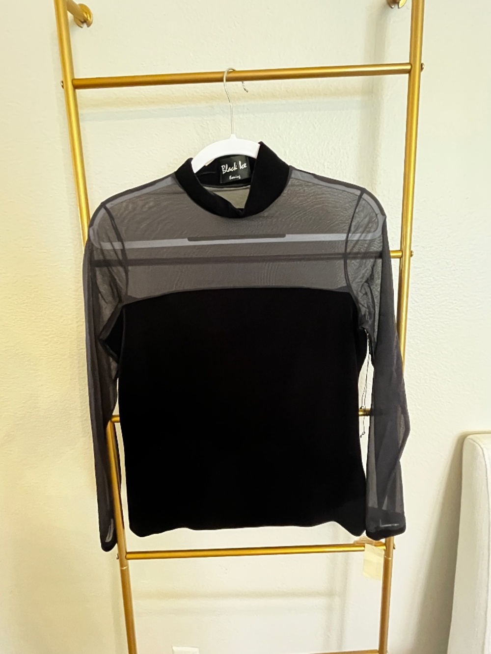 Black Tie Evening NWT Black Velvet Mesh Mock Neck Long Sleeve Evening Top Sheer